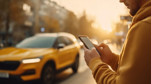 Man using smartphone to hail a taxi on a sunny city street with a yellow car