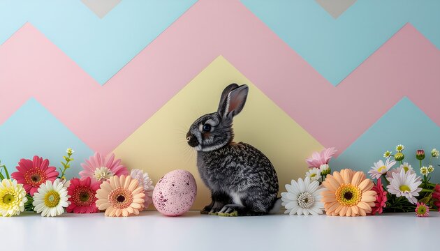 Easter Bunny with Flowers and Eggs.