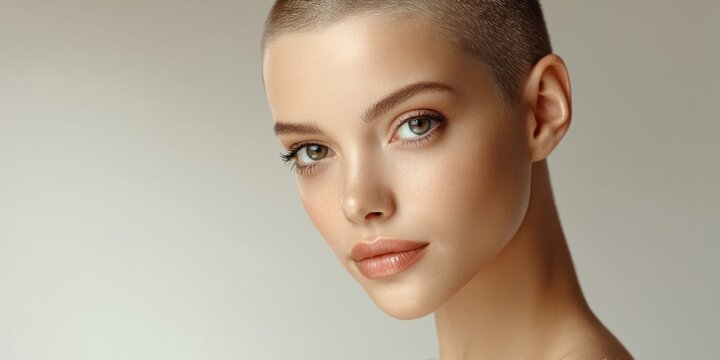 Elegant young woman with short hair and flawless skin posing with a gentle expression
