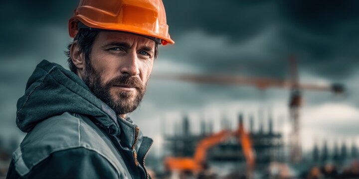 Serious construction worker in orange hard hat looking at the camera with a blurred industrial background