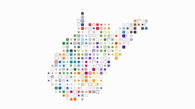 West Virginia animated shape. Pulsating colored dots on the map of the state. Large size rounded square blocks. Digital style West Virginia map on white background. Simple animation video.