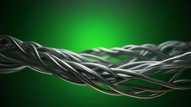 A complex twisted metal cable structure against a vibrant green gradient background, viewed from a close-up perspective