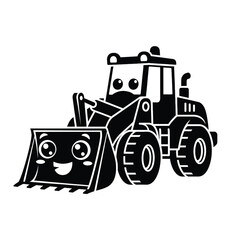 Obraz premium Black and white cartoon backhoe loader with smiling face and bucket construction vehicle