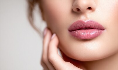 Fototapeta premium Close-up of a woman's full lips with glossy pink lipstick and a delicate hand touch