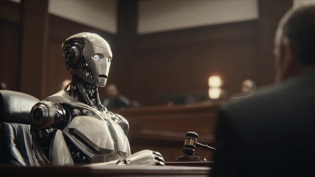 Robot gives testimony in court during a legal trial in a large courtroom filled with people