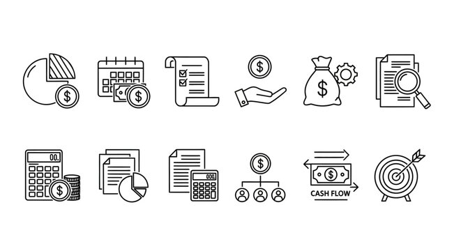 Collection of financial icons representing various aspects of money management and transactions in a simple line art style