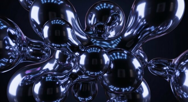 Futuristic 3D Liquid Chrome Shapes and Metallic Balloons on Dark Background 4