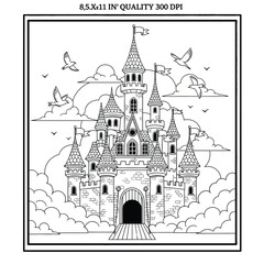 Obraz premium Black and white of a detailed castle with multiple towers and flying birds in the sky