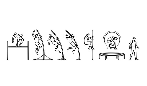 Jumping Sports Motion Thin Outline Icons High Jump Pole Vault Trampoline Vector Set