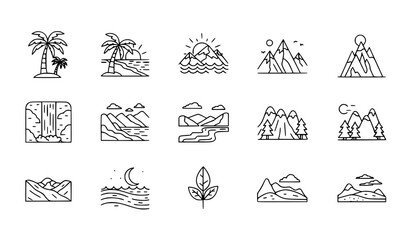 Minimal Landscape and Nature Icons Vector Set Tropical Mountains Beach Waterfall Outline