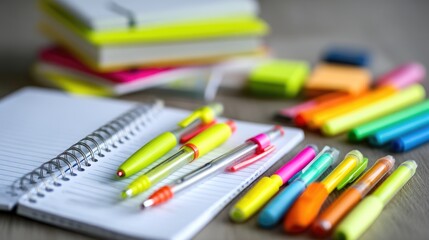 Colorful Stationery on a Wooden Surface with Notebooks, Highlighters, Pens, and Sticky Notes for Creative Work, Study, and Organization Needs