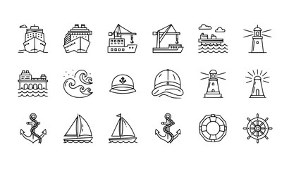 Minimal Cruise and Sea Travel Icons Vector Set Linear Outline Ship Harbor Waves Collection © Lipi