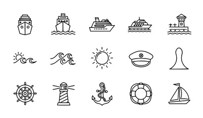 Sea Travel and Cruise Linear Icon Set Minimal Outline Vector Ship Harbor Waves Collection © Lipi