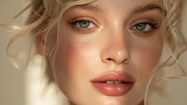 Close-up portrait of a young woman with blonde hair and green eyes looking directly at viewer.