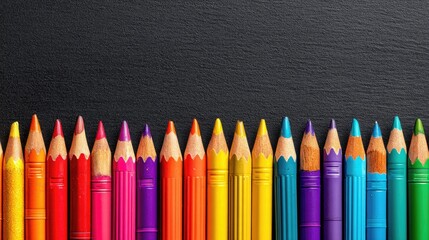 Colorful arrangement of vibrant colored pencils in a row on a dark textured background showcasing various shades and hues for creative inspiration.