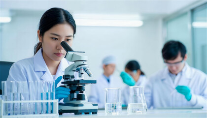 チームで作業するラボで顕微鏡を使って分析する女性研究者