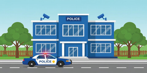 Modern Police Station Building with Patrol Car and Security Cameras Representing Law Enforcement, Public Safety, Surveillance, and Government Protection Services Illustration © Selim Studio