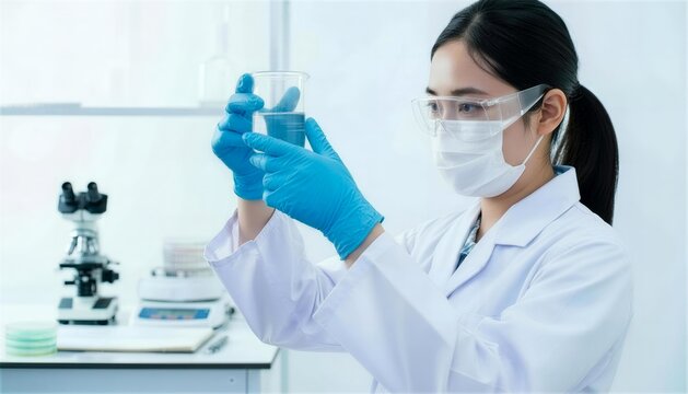 ゴーグルとマスクを着用しビーカーの液体を確認する女性研究者