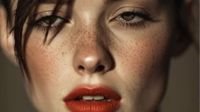 A close-up portrait of a woman with freckles and red lips looking directly at the camera.