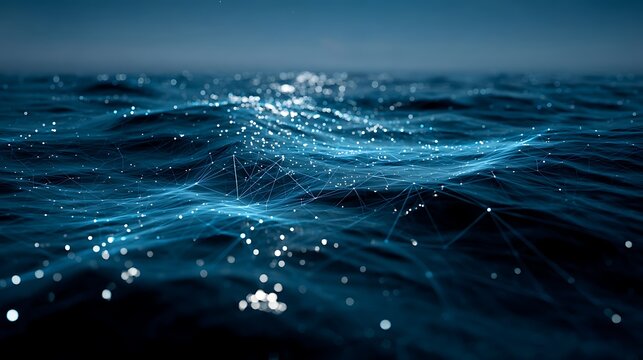 calm ocean surface with glowing digital data grid overlay, futuristic network lines connecting across water