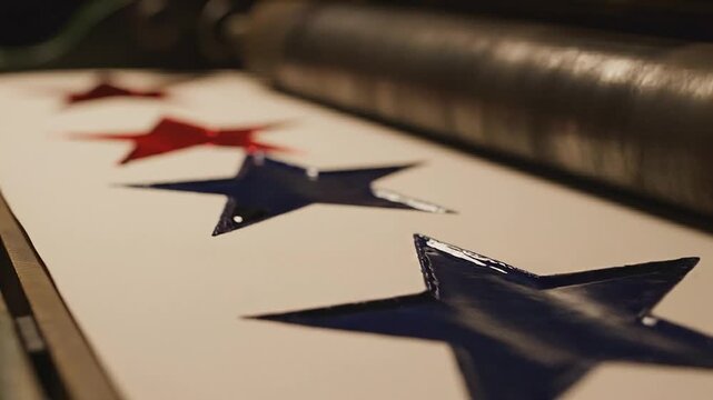 Close-up of Red and Blue Stars Being Printed on White Material with a Roller in a Printing Press