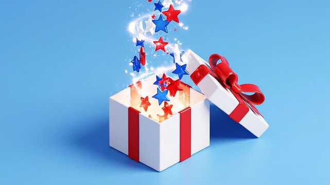 Surprise Gift Box Exploding with Red White and Blue Stars Celebrating Independence Day and Fourth of July Festivities