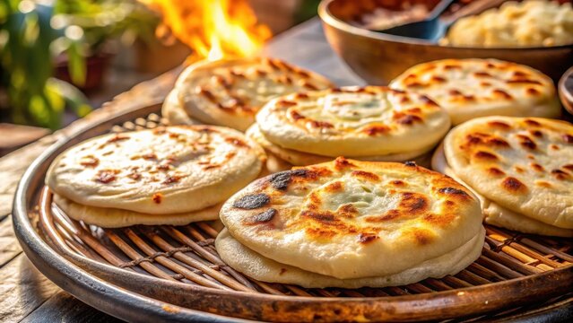 A photo of soft, handcrafted pupusas arranged neatly on a traditional white comal, the warm heat radiating through the crisp dough and savory filling