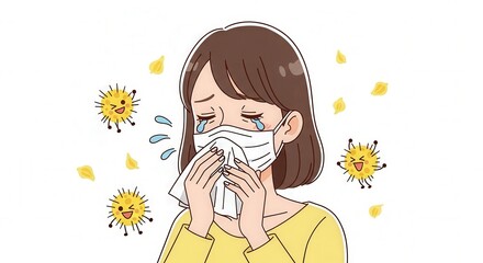 Friendly Illustration of a Woman Suffering from Cedar Pollen Allergy in Spring at School, Office, Public Transport and City