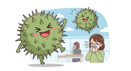 Friendly Illustration of a Woman Suffering from Cedar Pollen Allergy in Spring at School, Office, Public Transport and City