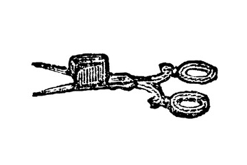 "Mouchettes" or eyelash curlers, beauty tweezers, small historical cosmetic tool with decorative handles, old vintage illustration, 1897.