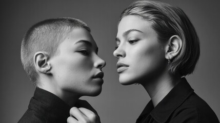 Fototapeta premium A captivating black and white portrait of two women, showcasing their side profiles.
