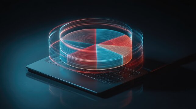 Colorful Light Waves Circling Around a Digital Pie Chart on a Laptop Keyboard, Representing Data Analytics and Technology Innovation