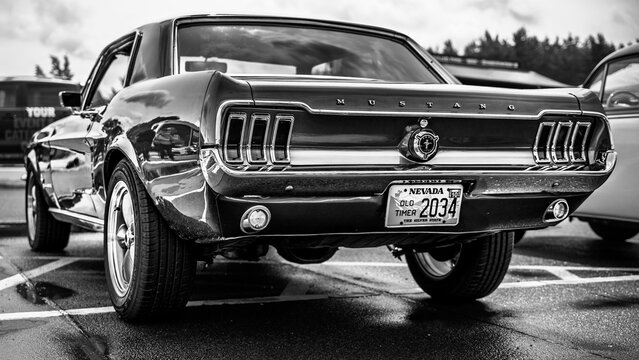 LINTHE, GERMANY - JUNE 08, 2025: Iconic sports car Ford Mustang Fastback, 1967. Rear view. Black and white. Die oldtimer show.