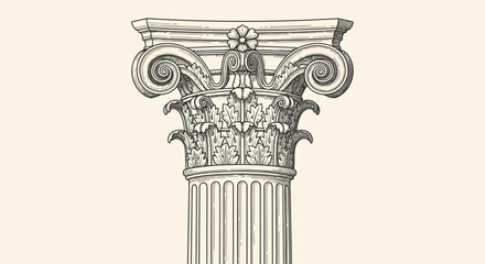 Detailed engraving of a classical architectural column capital, featuring intricate volutes and acanthus leaf ornamentation, showcasing ancient Greek or Roman design.