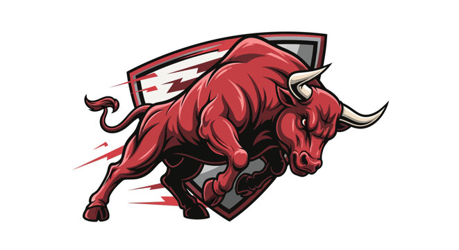 A powerful red bull mascot charging forward with a shield background, embodying strength and speed.