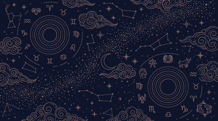 Elegant Celestial Astrological Seamless Pattern: Zodiac Signs, Stars, Moon & Clouds on Dark Blue © trsyhg