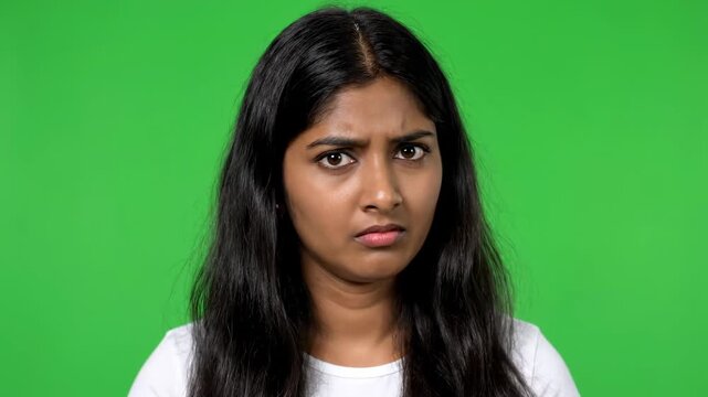 Young Indian Woman Expressing Disappointment and Frustration on Green Screen