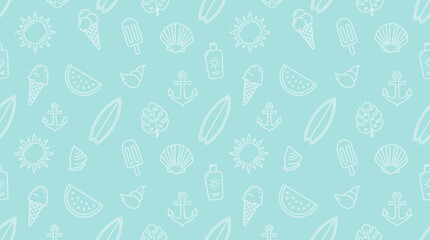 Summer Vacation Seamless Pattern with Beach and Tropical Outline Icons on Light Blue Background