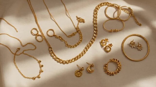 Gold jewelry collection necklaces earrings bracelets arranged on a light textured surface with soft lighting