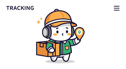 Cute Delivery Person with Package and Location Pin, Tracking Concept