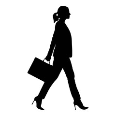 Full body silhouette of a professional businesswoman walking confidently holding a briefcase in one hand