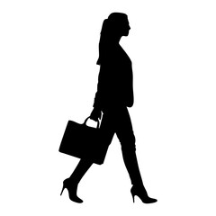 Full body silhouette of a professional businesswoman walking confidently holding a briefcase in one hand