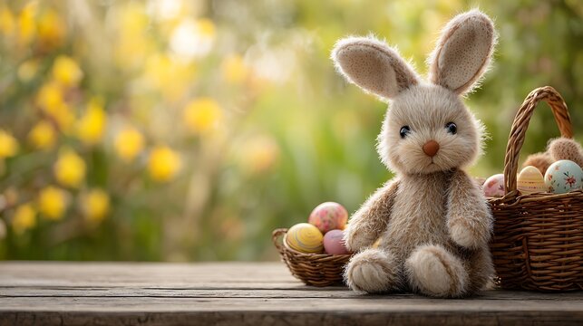 Fluffy stuffed bunny sits beside baskets of colored Easter eggs outdoors.