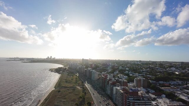 Montevideo Coastline at Sunset &ndash; Rambla and R&iacute;o de la Plata Aerial View