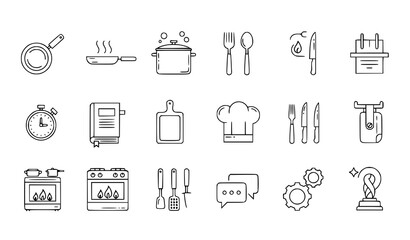 Fototapeta premium Kitchen & Cooking Line Icons – Vector Set of Chef, Recipe, Utensils, Timer