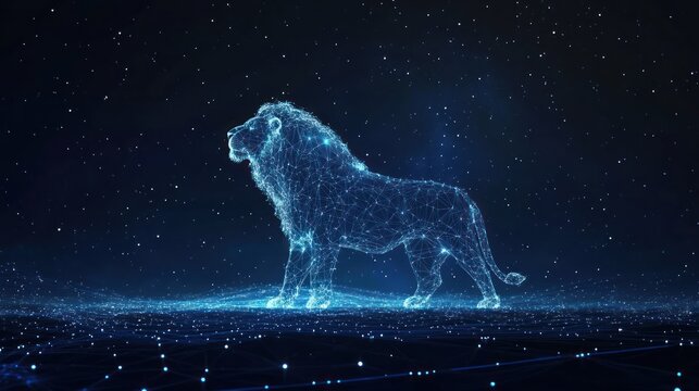 Digital lion design with glowing dots and lines symbolizes strength and technology