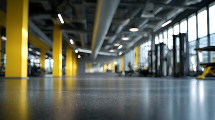Blurred view of modern gym floor with yellow structural pillars in background.