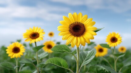 Obraz premium Bright Sunflower Blooming in a Lush Field Under Clear Blue Sky on a Sunny Day with Cloudy Background Ideal for Nature and Agriculture Themes
