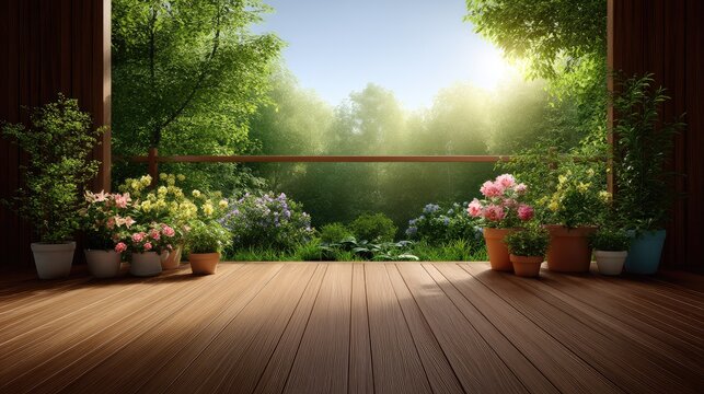Serene Garden View from a Wooden Porch with Blooming Flowers and Bright Sunlight Illuminating Lush Greenery in the Background