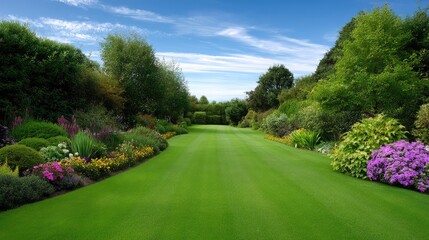 Fototapeta premium Lush Green Garden Pathway Surrounded by Vibrant Flower Beds and Dense Foliage Under a Bright Blue Sky with Soft Clouds in a Peaceful Landscape